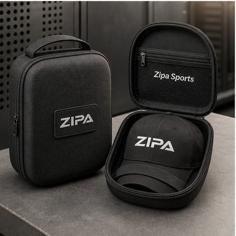 Custom cap carrier case in 600D polyester holding six caps manufactured by ZipaSports