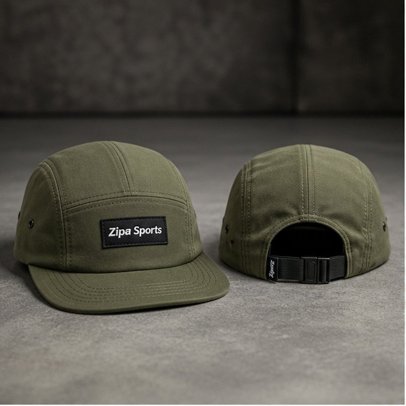 Custom five-panel camp cap manufactured by ZipaSports