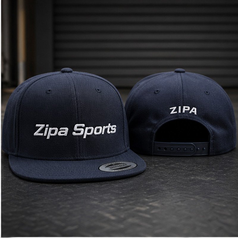 Custom structured snapback cap with 3D embroidered logo and flat peak manufactured by ZipaSports