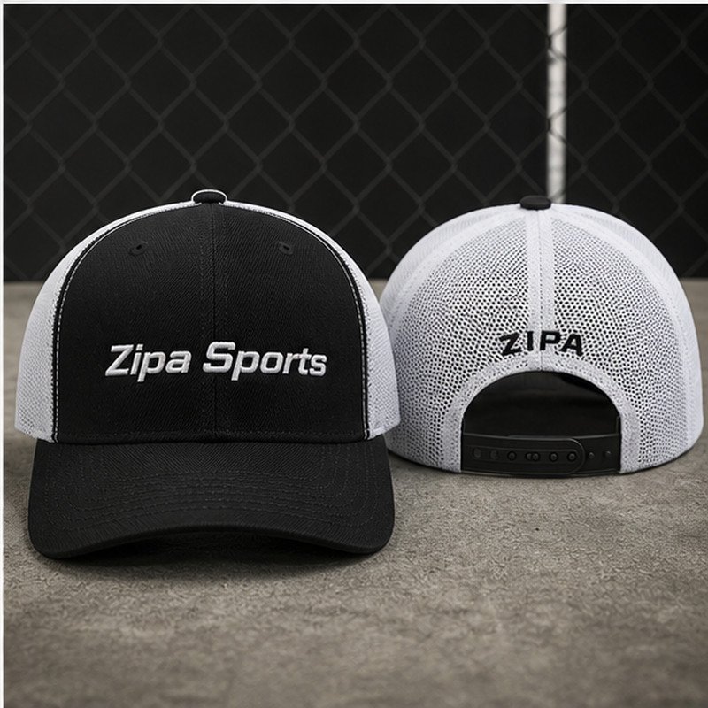 Custom five-panel trucker cap with mesh back and embroidered patch manufactured by ZipaSports