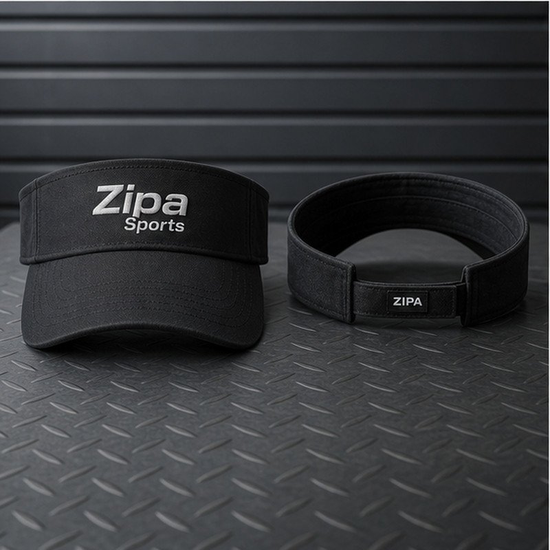 Custom sports visor with embroidered logo and adjustable closure manufactured by ZipaSports