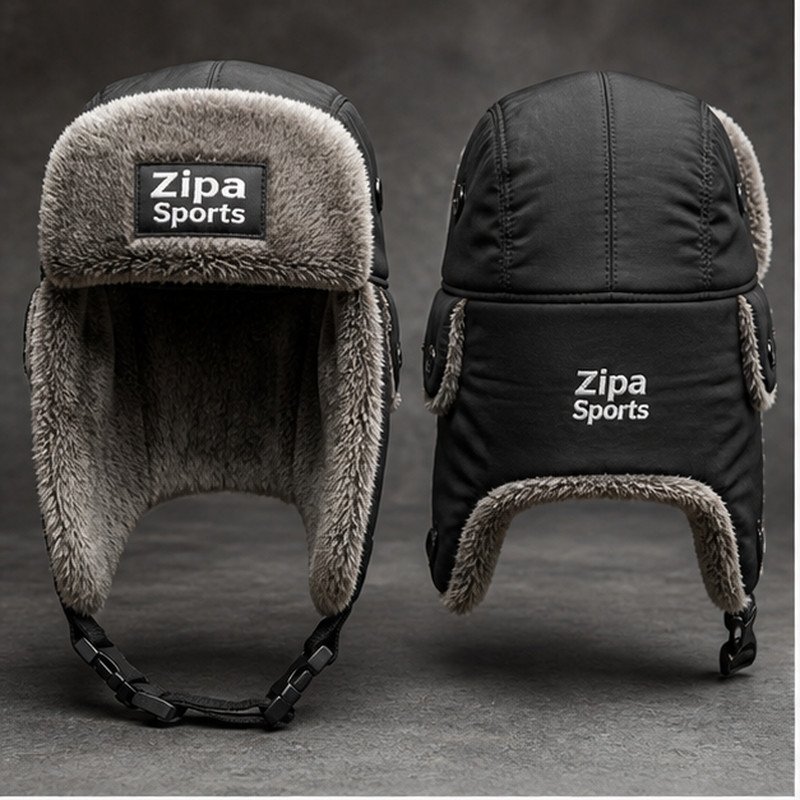 Custom winter trapper hat manufactured by ZipaSports