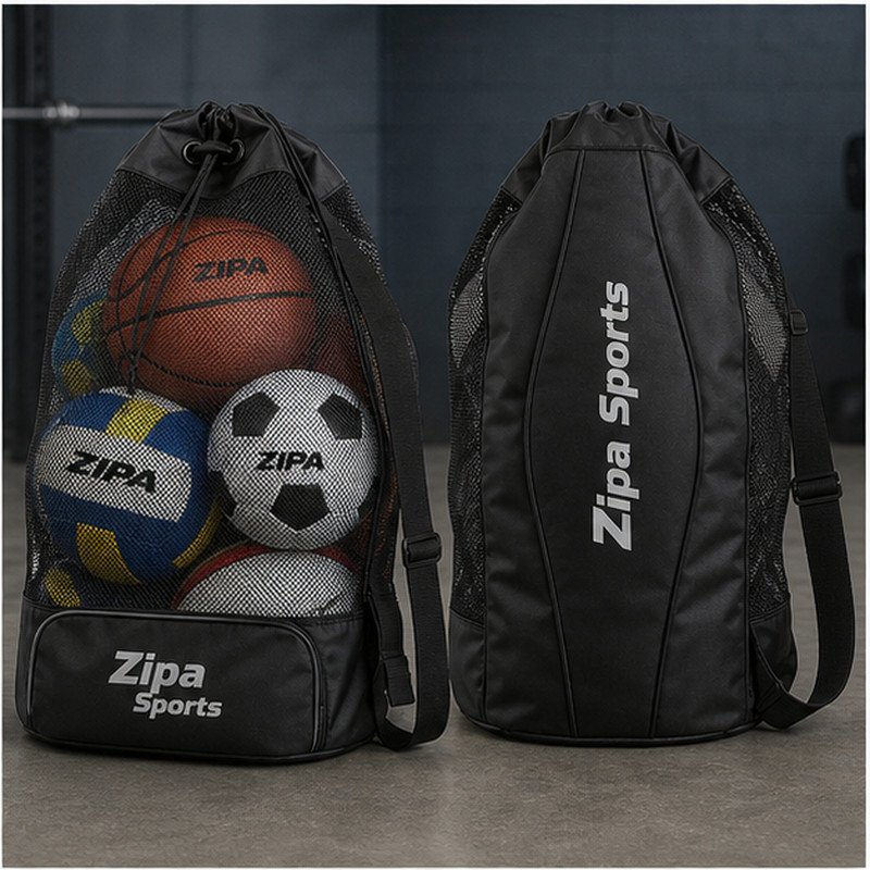 Custom mesh ball carry bag holding team footballs manufactured by ZipaSports