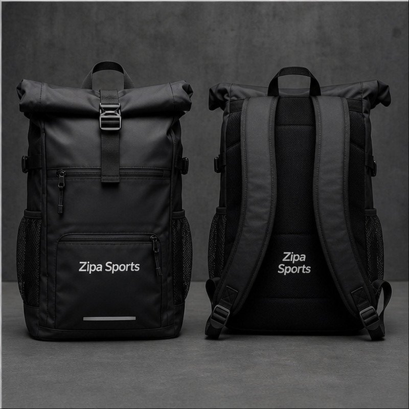 Custom roll-top training backpack manufactured by ZipaSports