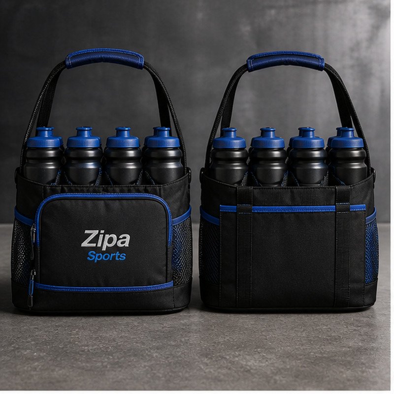 Custom six-bottle team carrier manufactured by ZipaSports