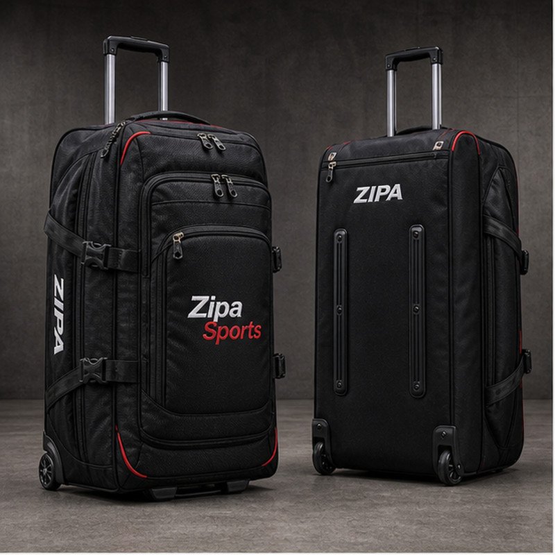 Custom wheeled team kit bag in 600D polyester with club branding manufactured by ZipaSports