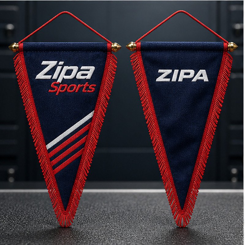 Custom satin match exchange pennant with embroidered club crest manufactured by ZipaSports