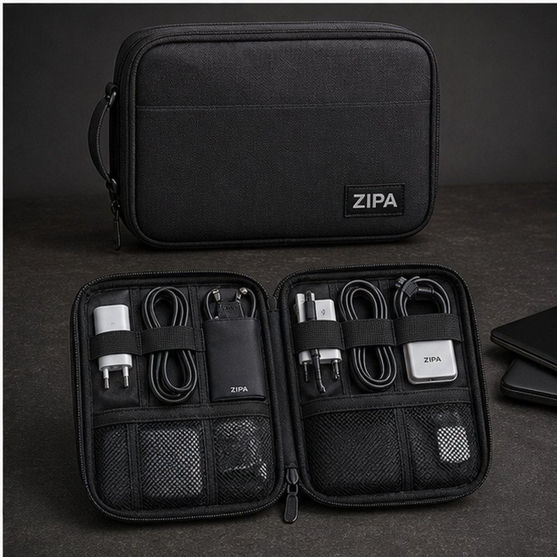 Custom tech and cable organiser case manufactured by ZipaSports