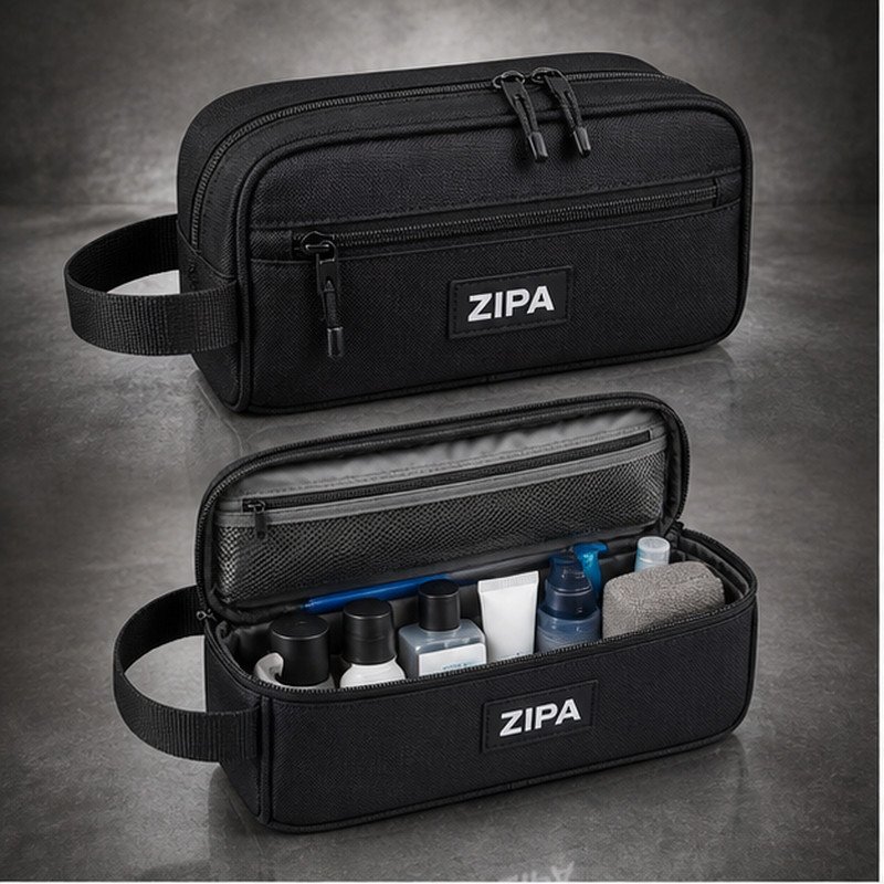 Custom hanging toiletry kit bag in coated 600D polyester manufactured by ZipaSports