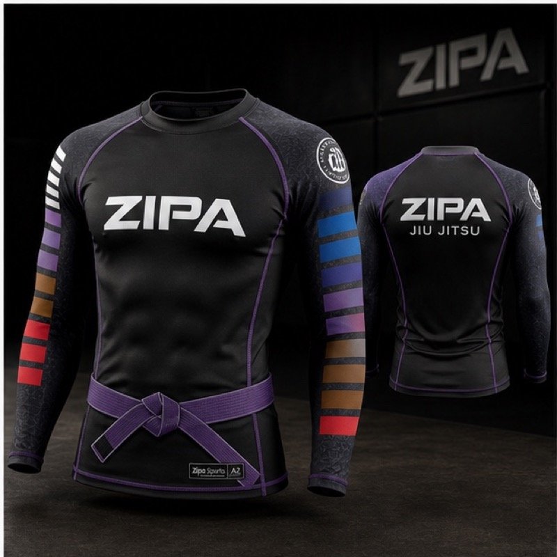 Custom ranked BJJ rash guard with belt colour sleeves manufactured by ZipaSports