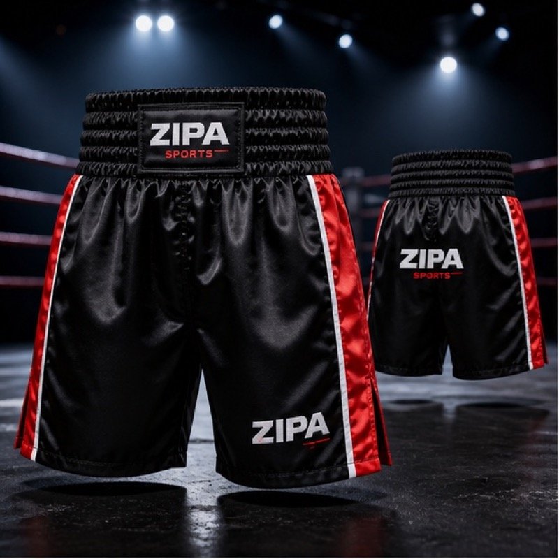 Custom junior boxing shorts in satin with club crest manufactured by ZipaSports