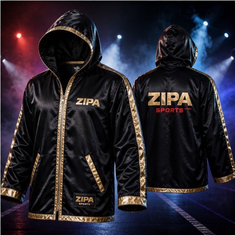 Custom satin boxing ring entrance jacket with embroidered back panel manufactured by ZipaSports