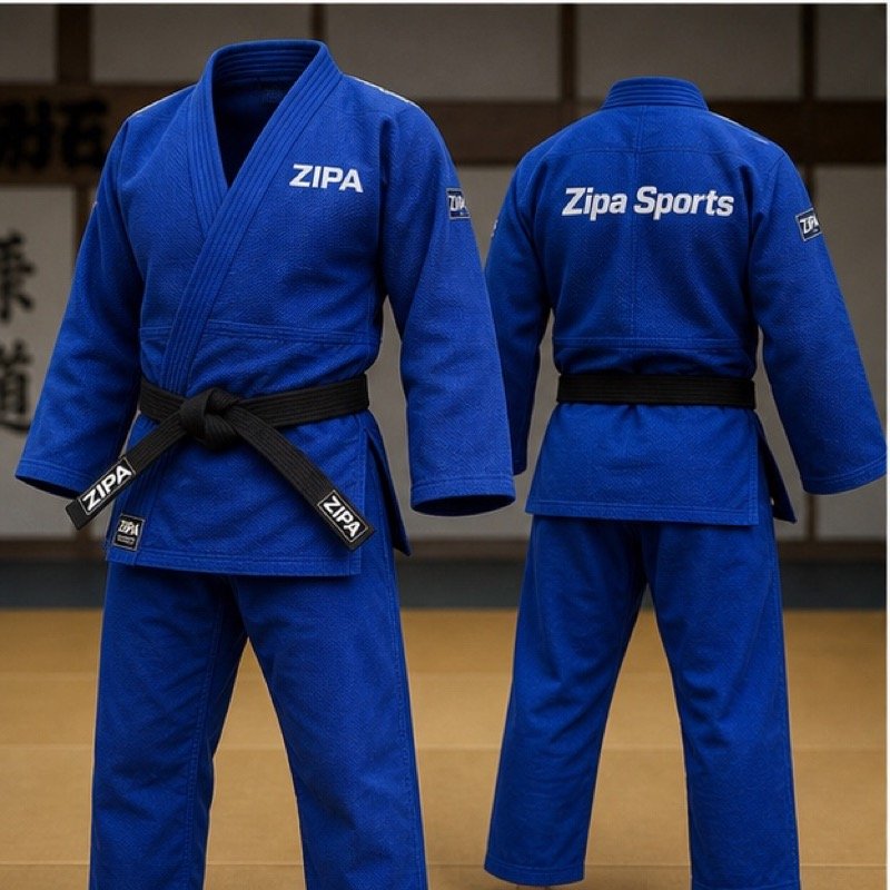 Custom blue judogi contest set manufactured by ZipaSports