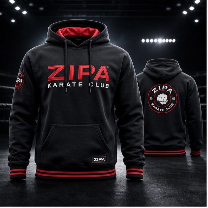 Custom karate club hoodie with embroidered dojo crest manufactured by ZipaSports