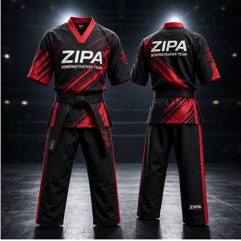 Custom karate demonstration team uniform manufactured by ZipaSports