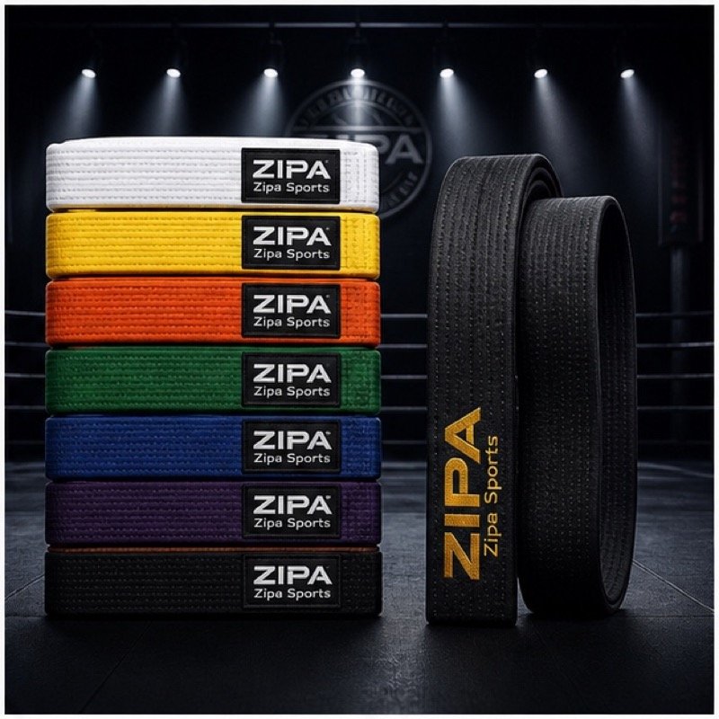 Custom karate grading belts with embroidered kanji tips made by ZipaSports