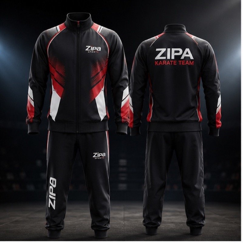 Custom karate team tracksuit manufactured by ZipaSports