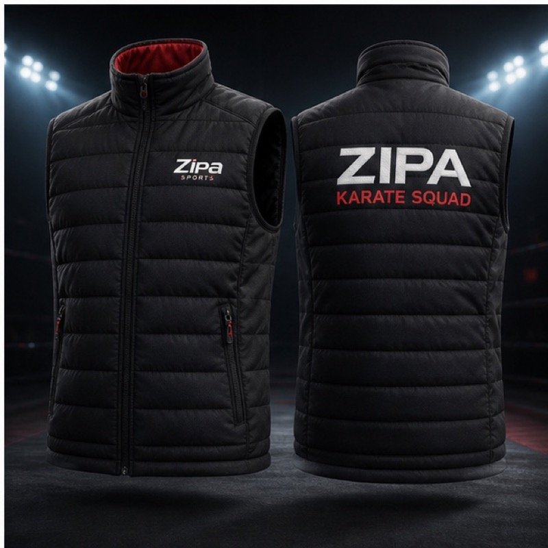 Custom padded karate squad gilet manufactured by ZipaSports
