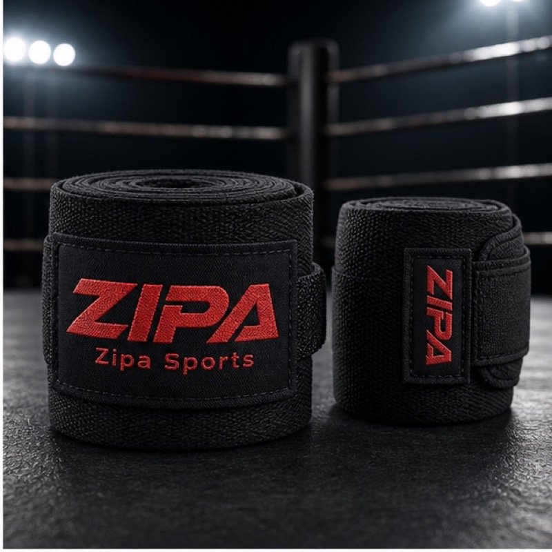 Custom kickboxing hand wraps with branded closure tab made by ZipaSports
