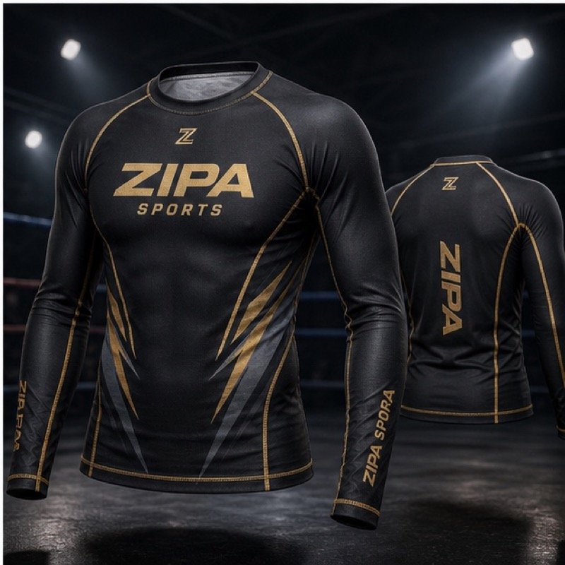 Custom long-sleeve kickboxing rash guard manufactured by ZipaSports
