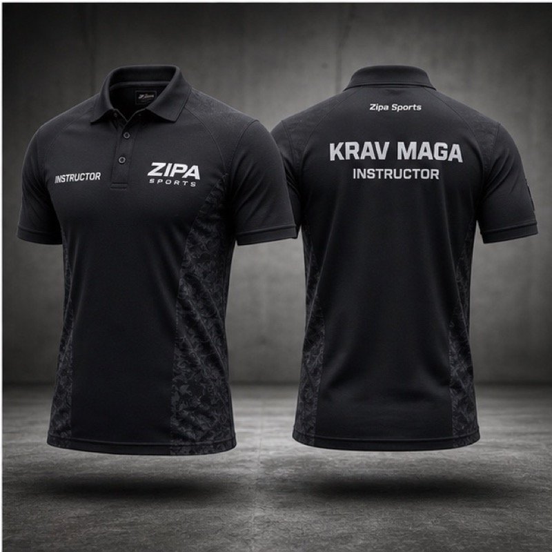 Custom Krav Maga instructor polo with embroidered rank flashes by ZipaSports