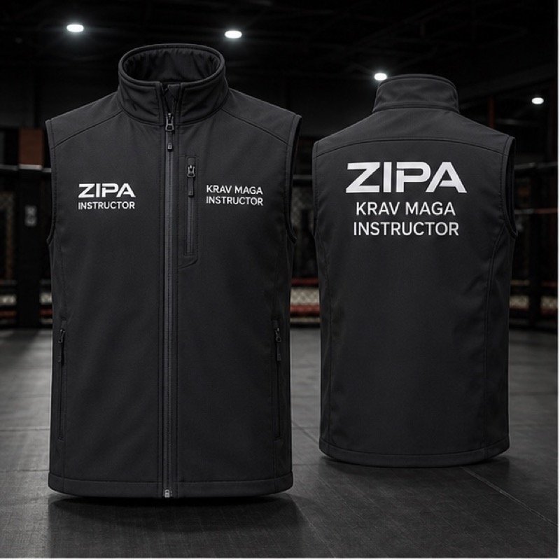 Custom krav maga instructor softshell gilet manufactured by ZipaSports