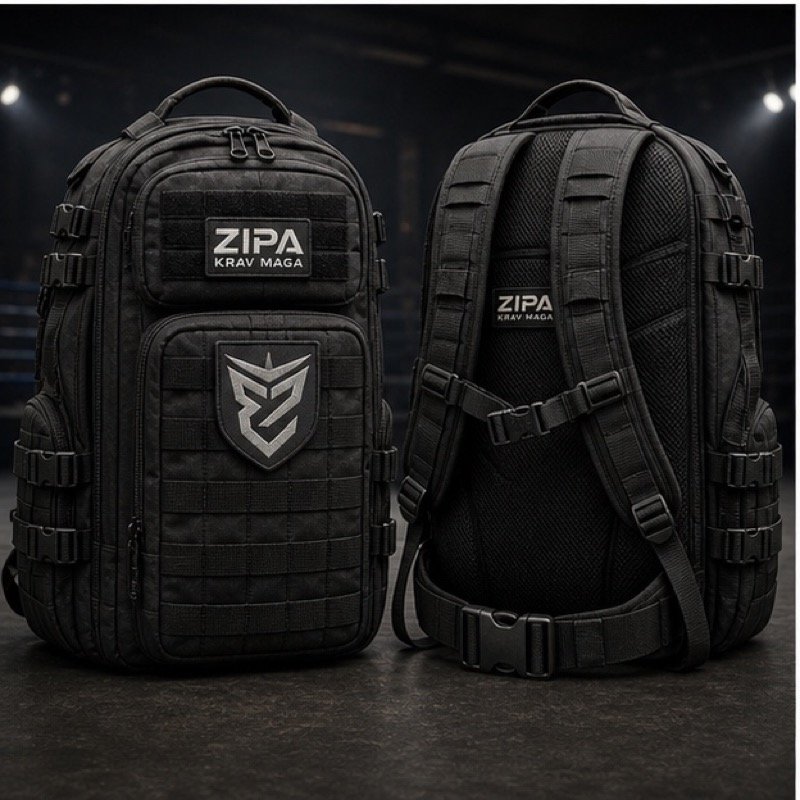 Custom tactical training backpack with MOLLE webbing and patch panel by ZipaSports