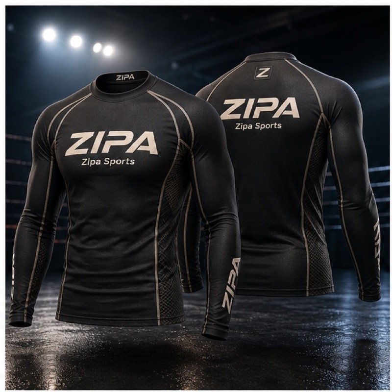 Custom long-sleeve MMA rash guard manufactured by ZipaSports