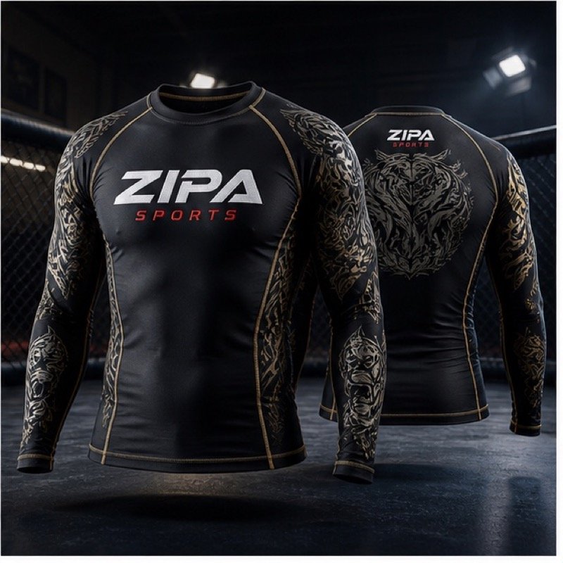 Custom long-sleeve Muay Thai rash guard manufactured by ZipaSports