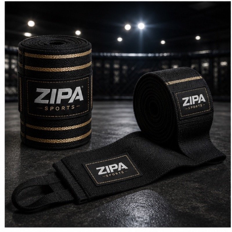 Custom Muay Thai hand wraps with Thai script branding by ZipaSports