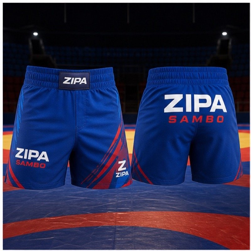 Custom red and blue competition sambo shorts manufactured by ZipaSports