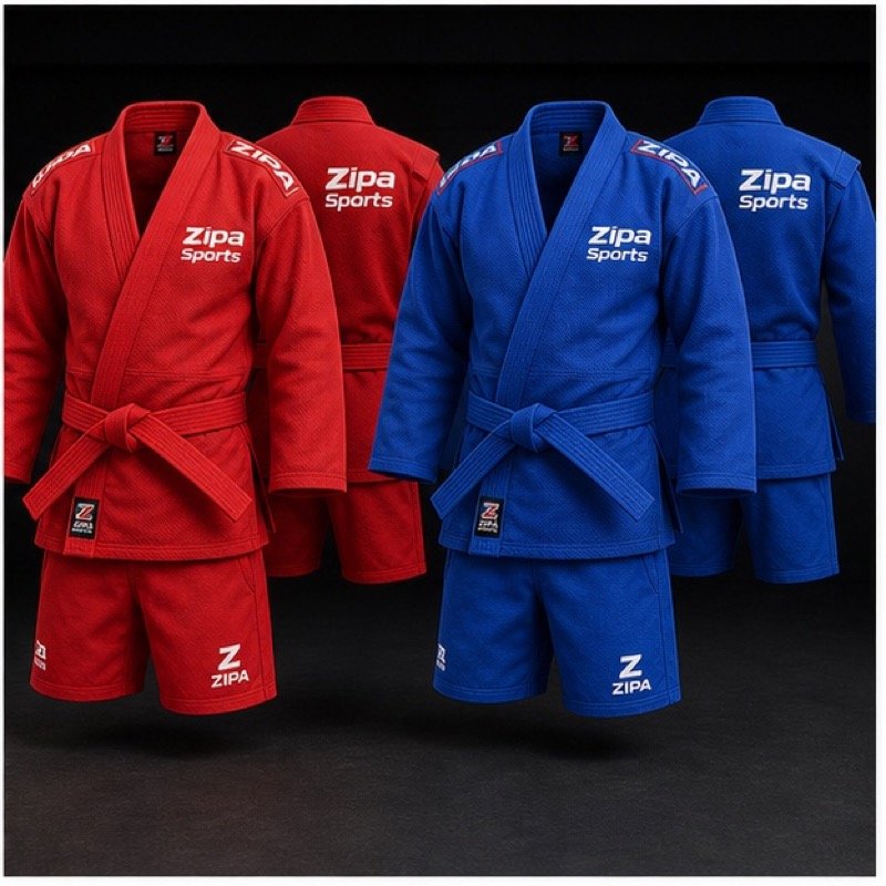 Custom red and blue sambo kurtka set manufactured by ZipaSports