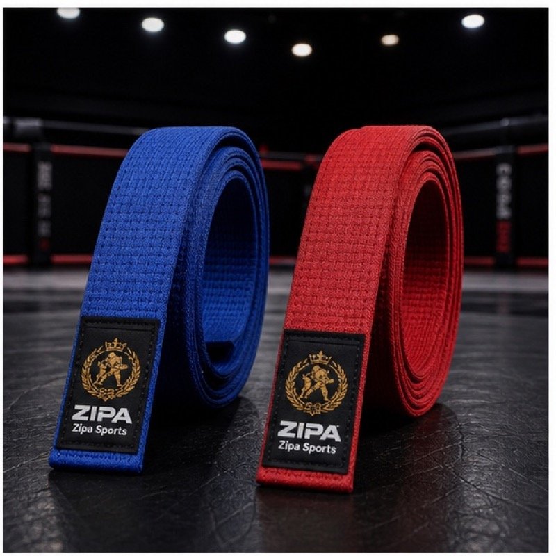 Custom red and blue sambo kurtka belts made by ZipaSports