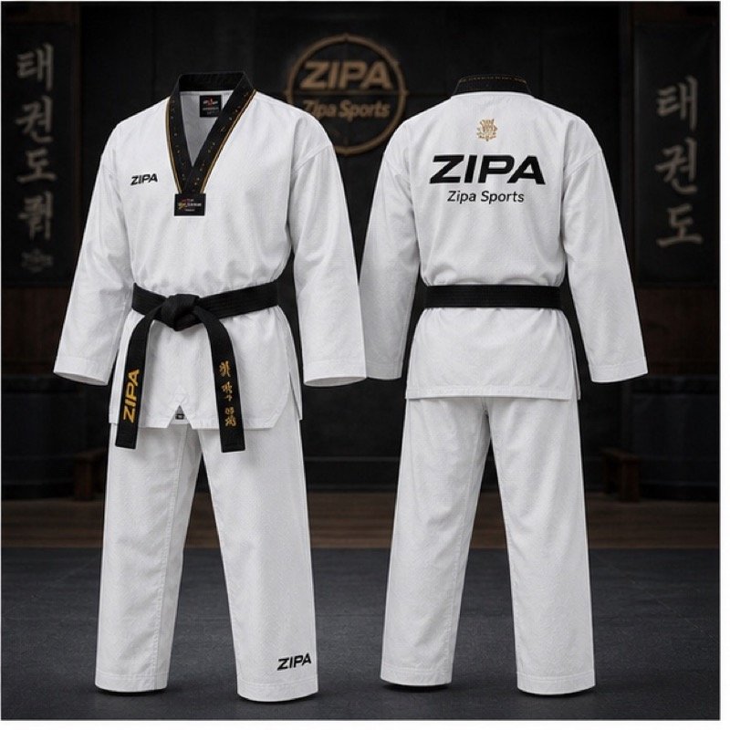 Custom black collar dan grade taekwondo dobok manufactured by ZipaSports