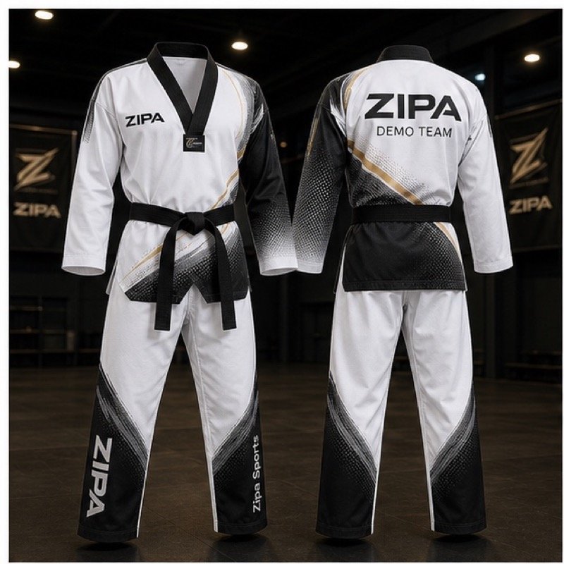 Custom taekwondo demonstration team uniform with sublimated gradients by ZipaSports
