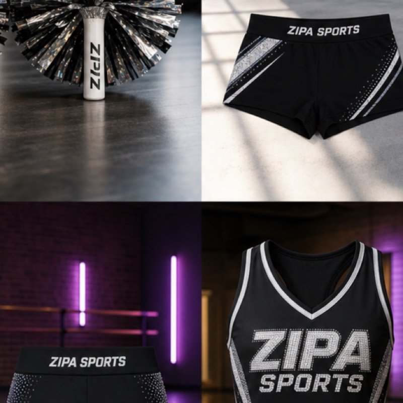 Custom metallic cheerleading poms with baton handles made by ZipaSports
