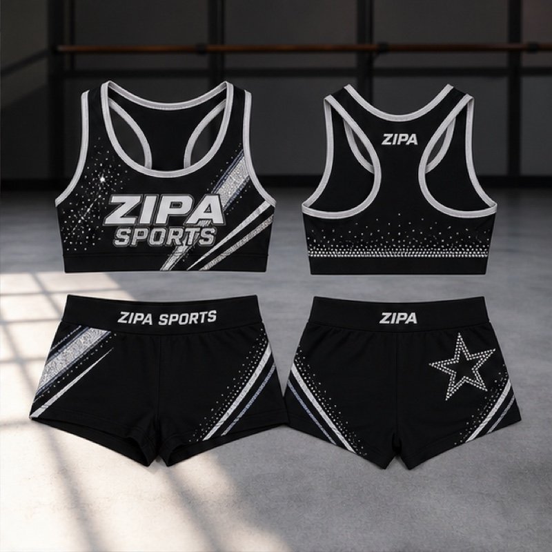 Custom cheer practice wear set with sublimated sports bra and boy shorts by ZipaSports