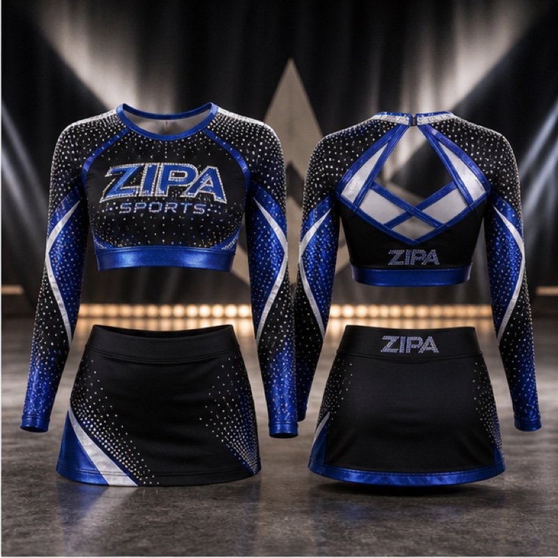 Custom cheerleading uniform shell and skirt with metallic braid trims by ZipaSports