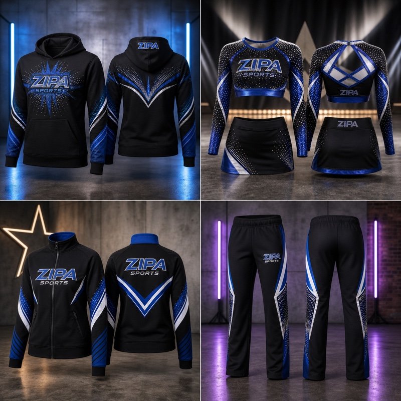 Custom cheer warm-up jacket with sublimated squad graphics and rhinestone lettering by ZipaSports