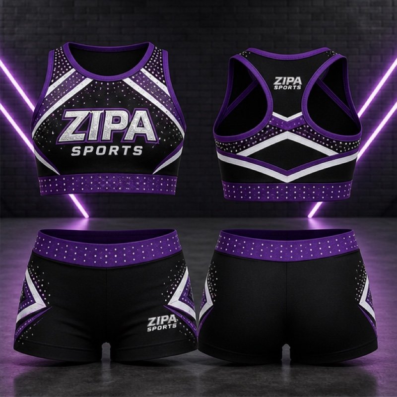 Custom midriff crop cheer uniform set manufactured by ZipaSports