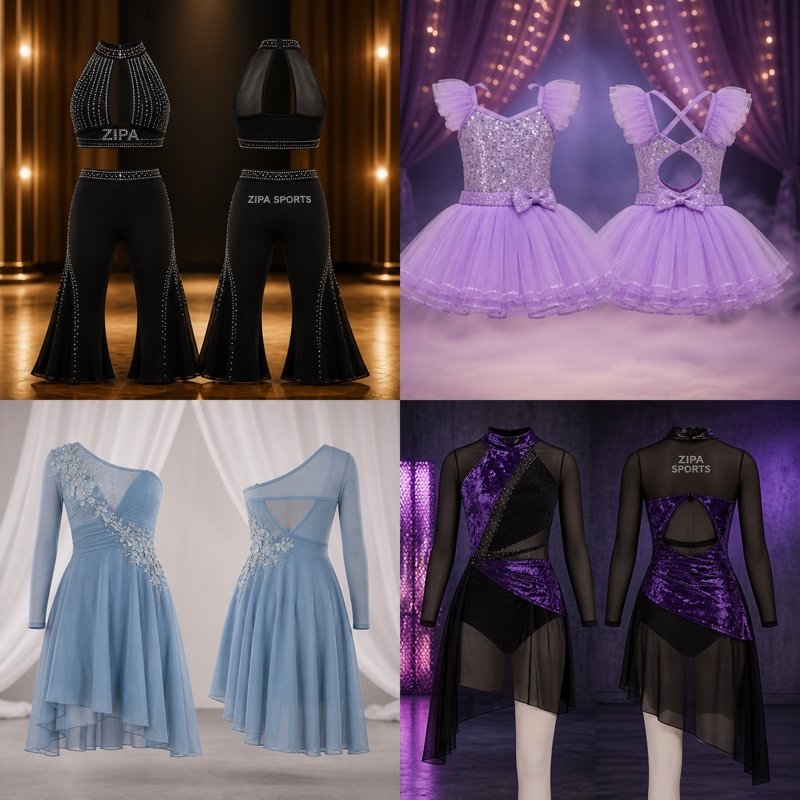 Custom lyrical dance dress with sublimated bodice and chiffon overlay skirt made by ZipaSports