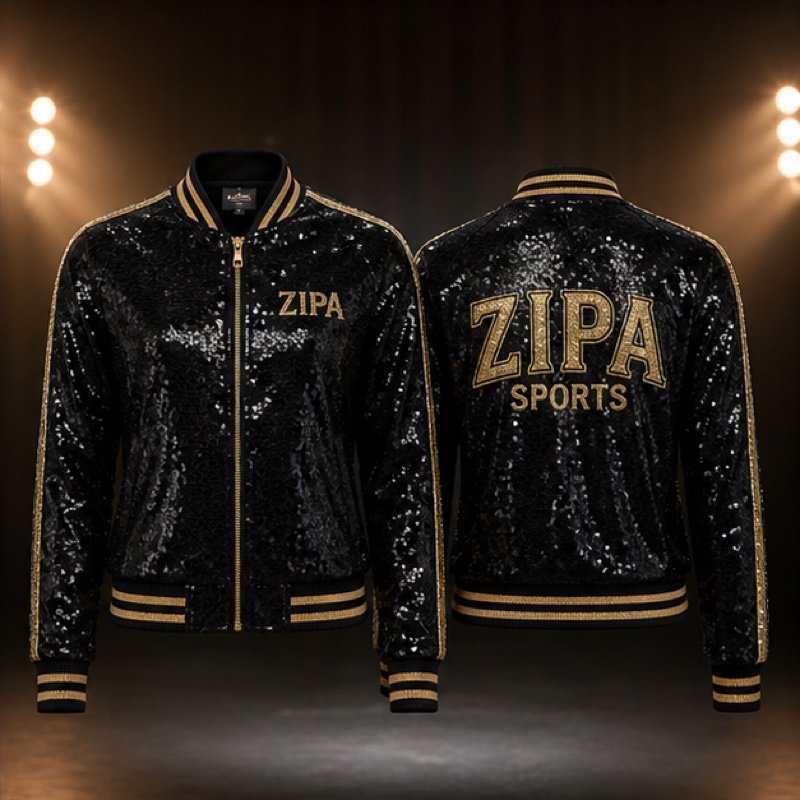 Custom sequin dance bomber jacket with embroidered back logo manufactured by ZipaSports
