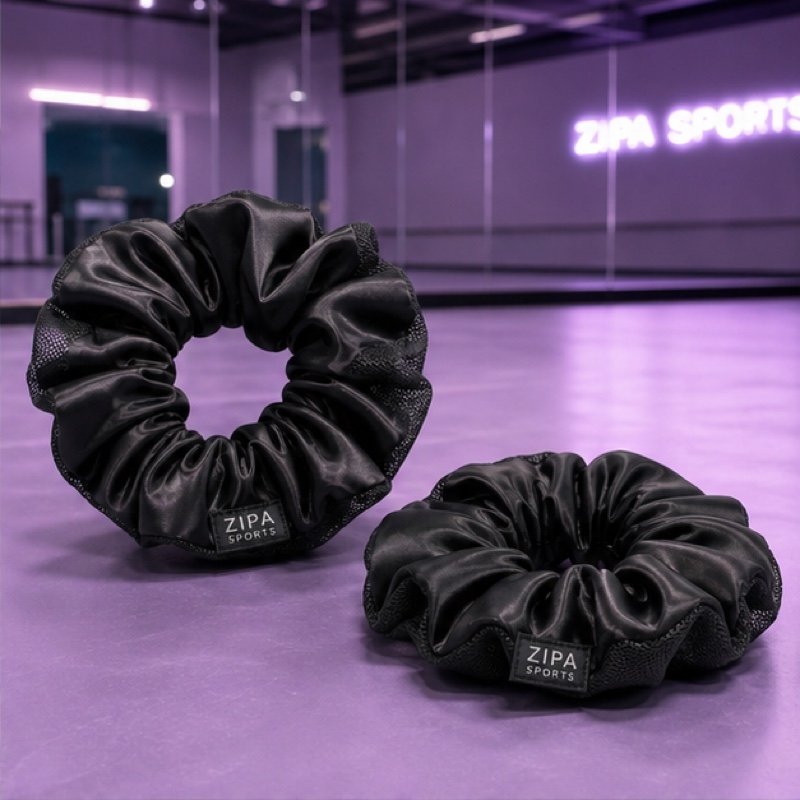 Custom dance scrunchies in sublimated team fabric made by ZipaSports