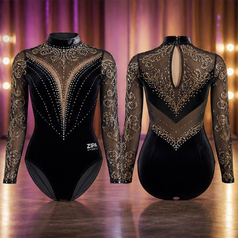 Custom competition leotard with rhinestone embellishment and foil-effect print by ZipaSports