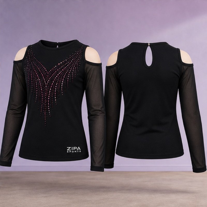 Custom cold-shoulder jazz tops manufactured by ZipaSports