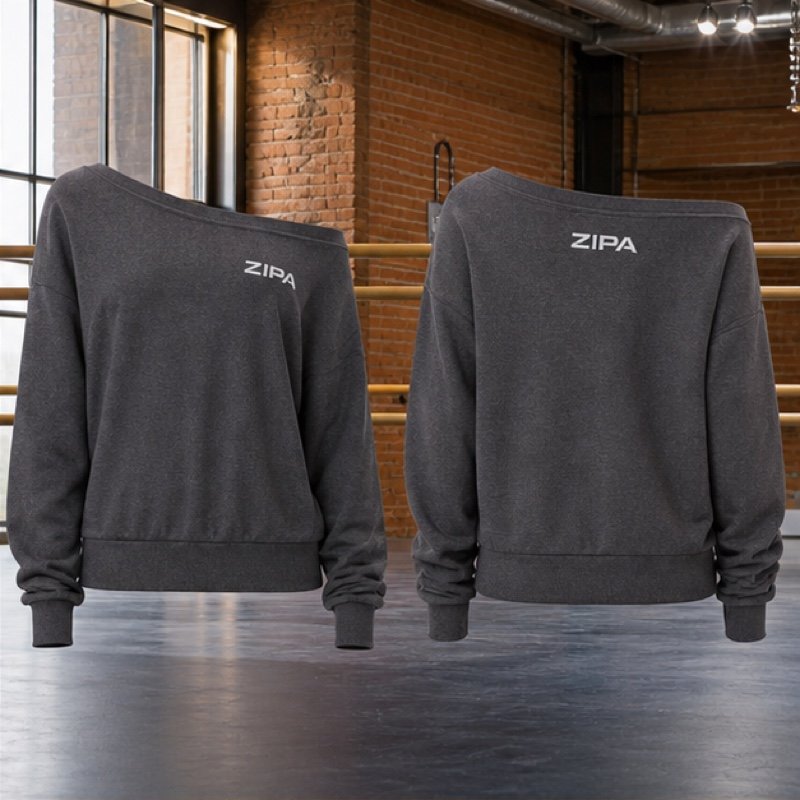 Custom off-shoulder rehearsal sweatshirts manufactured by ZipaSports