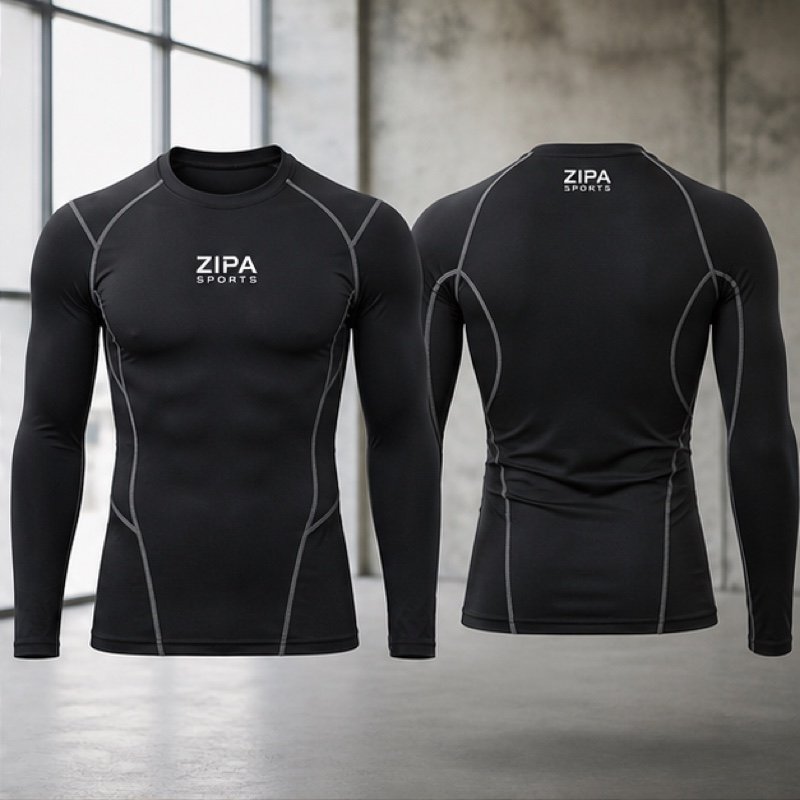 Custom long-sleeve compression base layer top manufactured by ZipaSports
