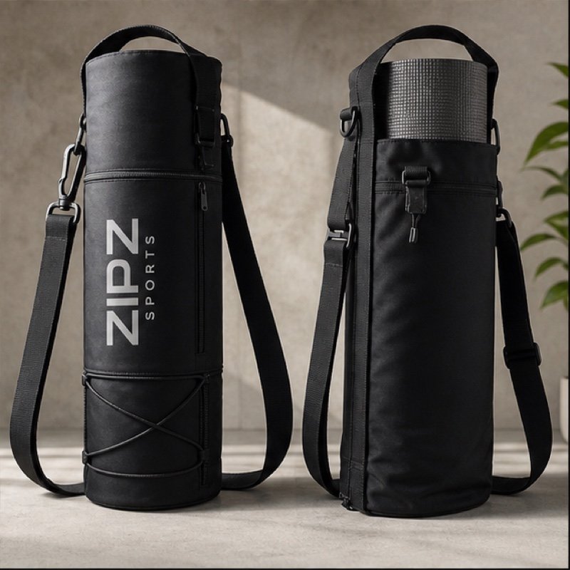 Custom yoga mat bag in 600D polyester with sling strap manufactured by ZipaSports