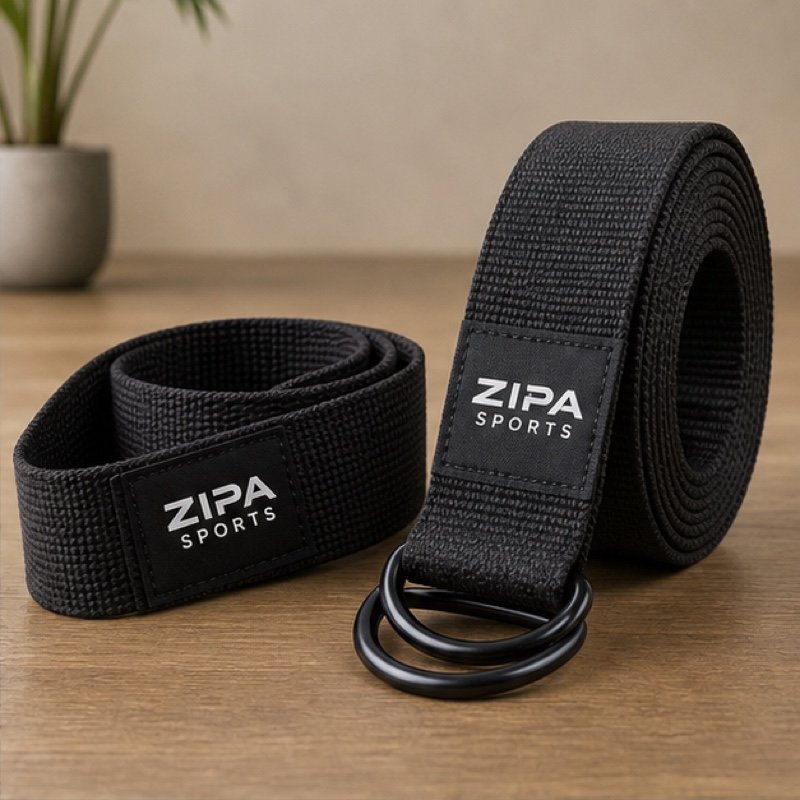 Custom woven cotton yoga strap with steel D-ring buckle manufactured by ZipaSports