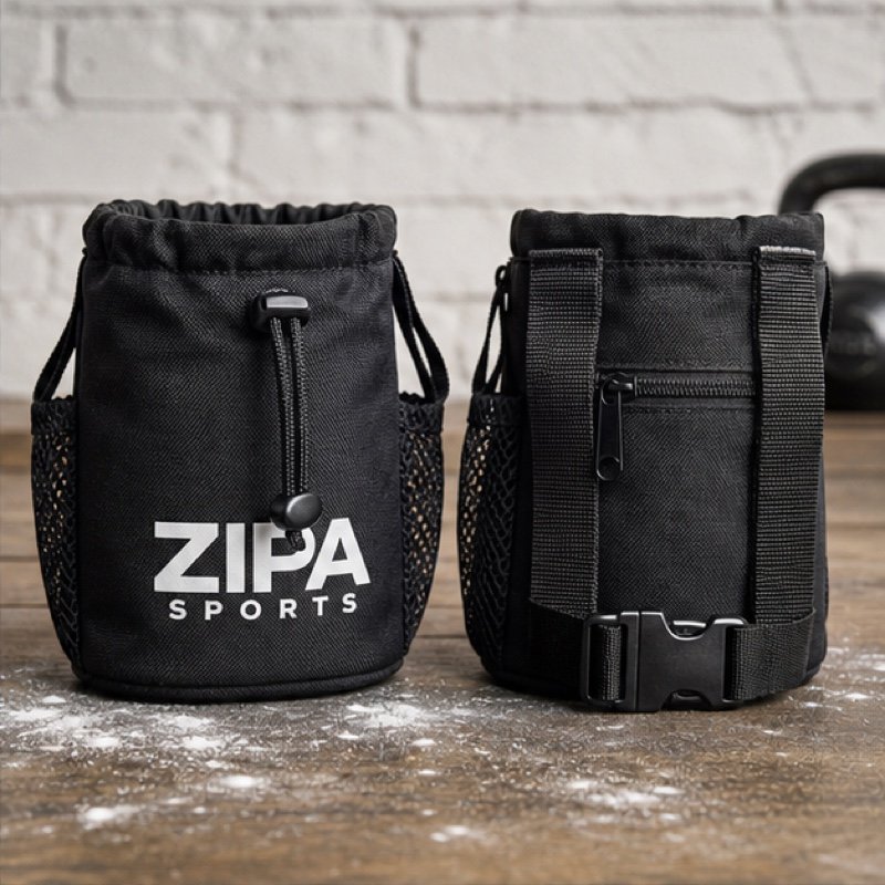 Custom chalk bag in 600D polyester with fleece lining manufactured by ZipaSports